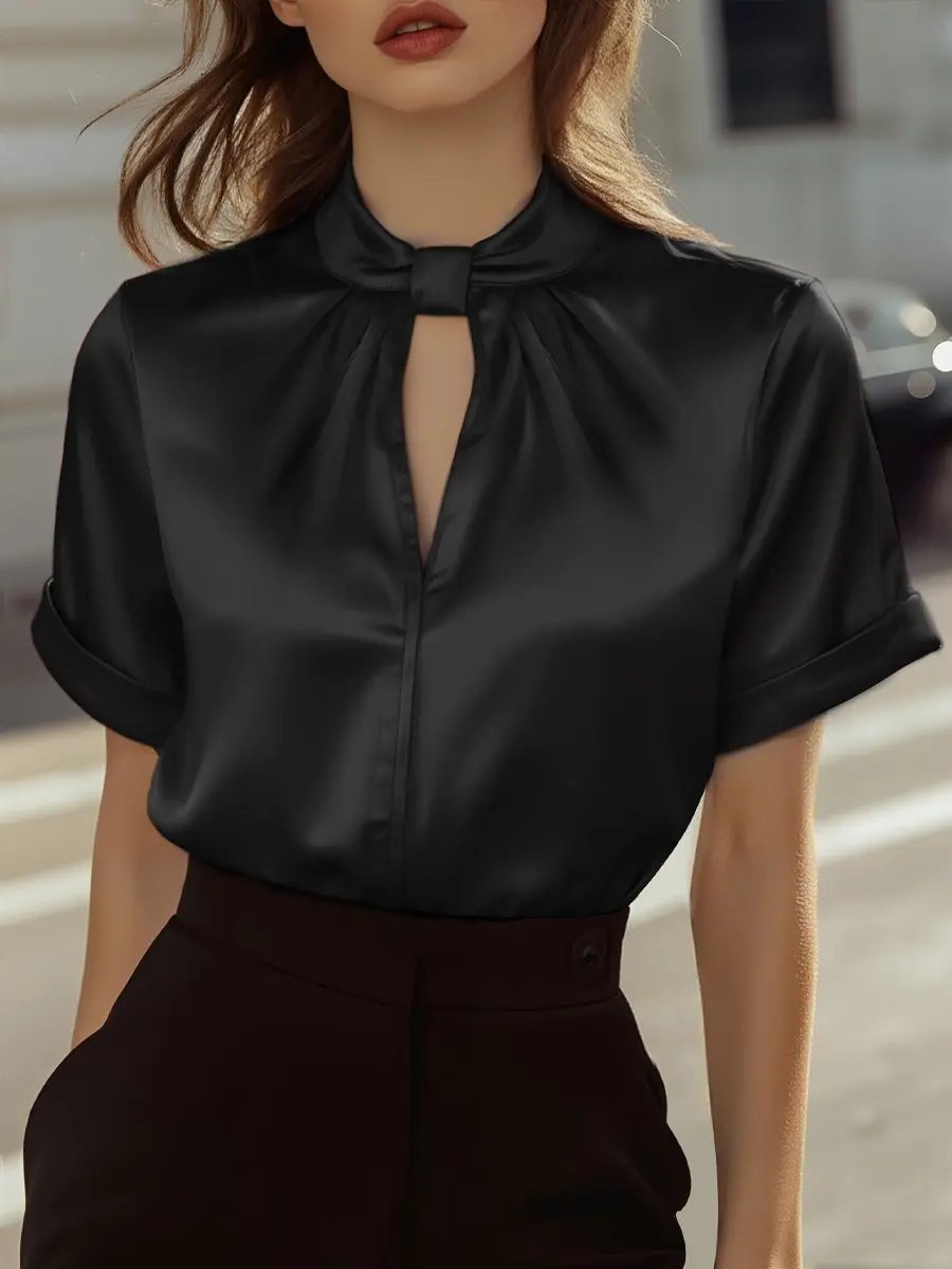 Sophisticated White Satin Keyhole Neckline - Blouse CAAYWORLD