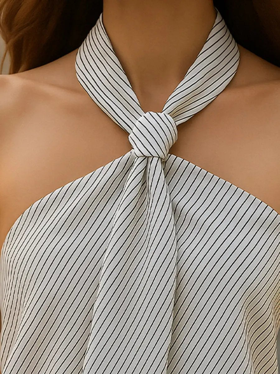 Striped Knot-Front Halter-Neck - Blouse CAAYWORLD