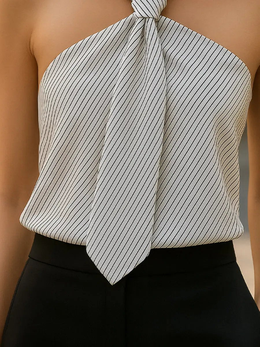 Striped Knot-Front Halter-Neck - Blouse CAAYWORLD
