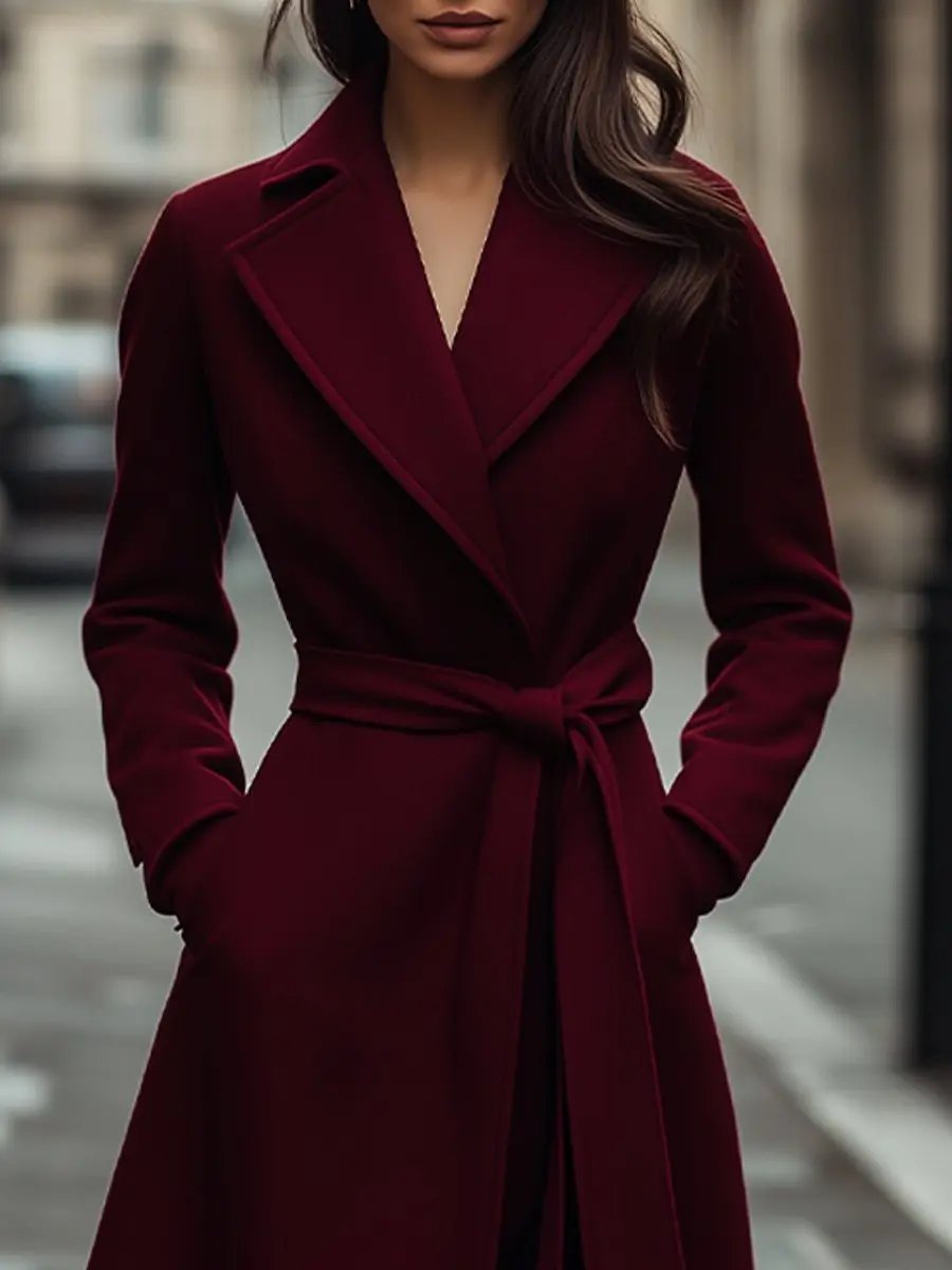 Structured Burgundy Wool Trench, Feminine Fit - Trench Coat CAAYWORLD
