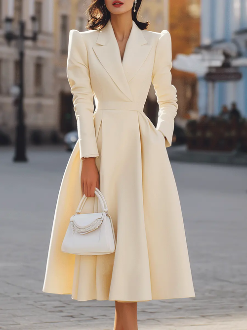 Structured-Shoulder Ivory Longline Blazer-Style - Midi Dress CAAYWORLD