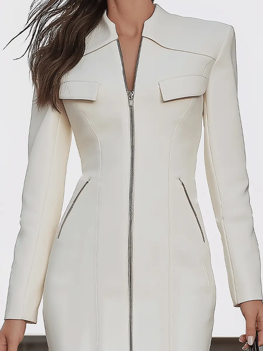 Structured White Zip-Front Blazer Style - Mini Dress CAAYWORLD