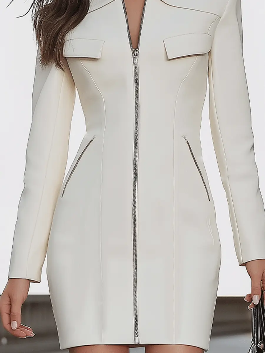 Structured White Zip-Front Blazer Style - Mini Dress CAAYWORLD