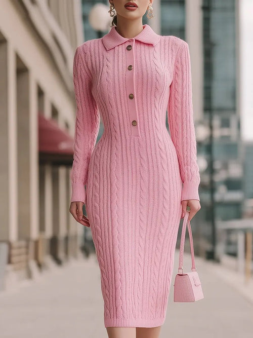 Sweet Pink Cable-Knit Polo Collar - Midi Dress CAAYWORLD