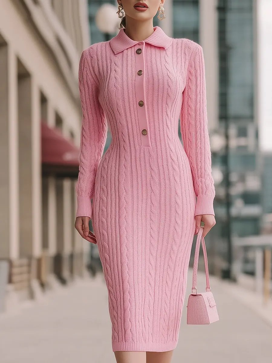 Sweet Pink Cable-Knit Polo Collar - Midi Dress CAAYWORLD