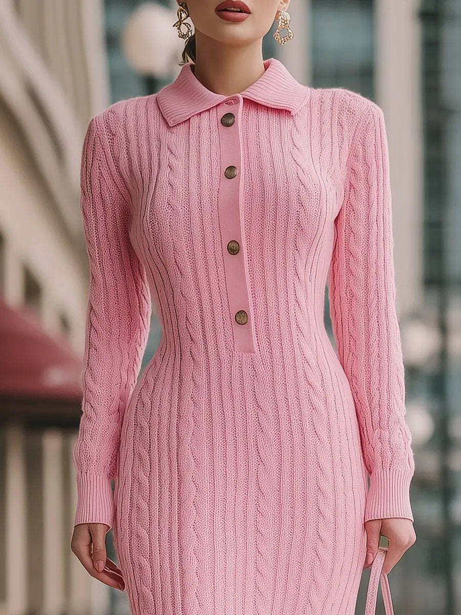 Sweet Pink Cable-Knit Polo Collar - Midi Dress CAAYWORLD