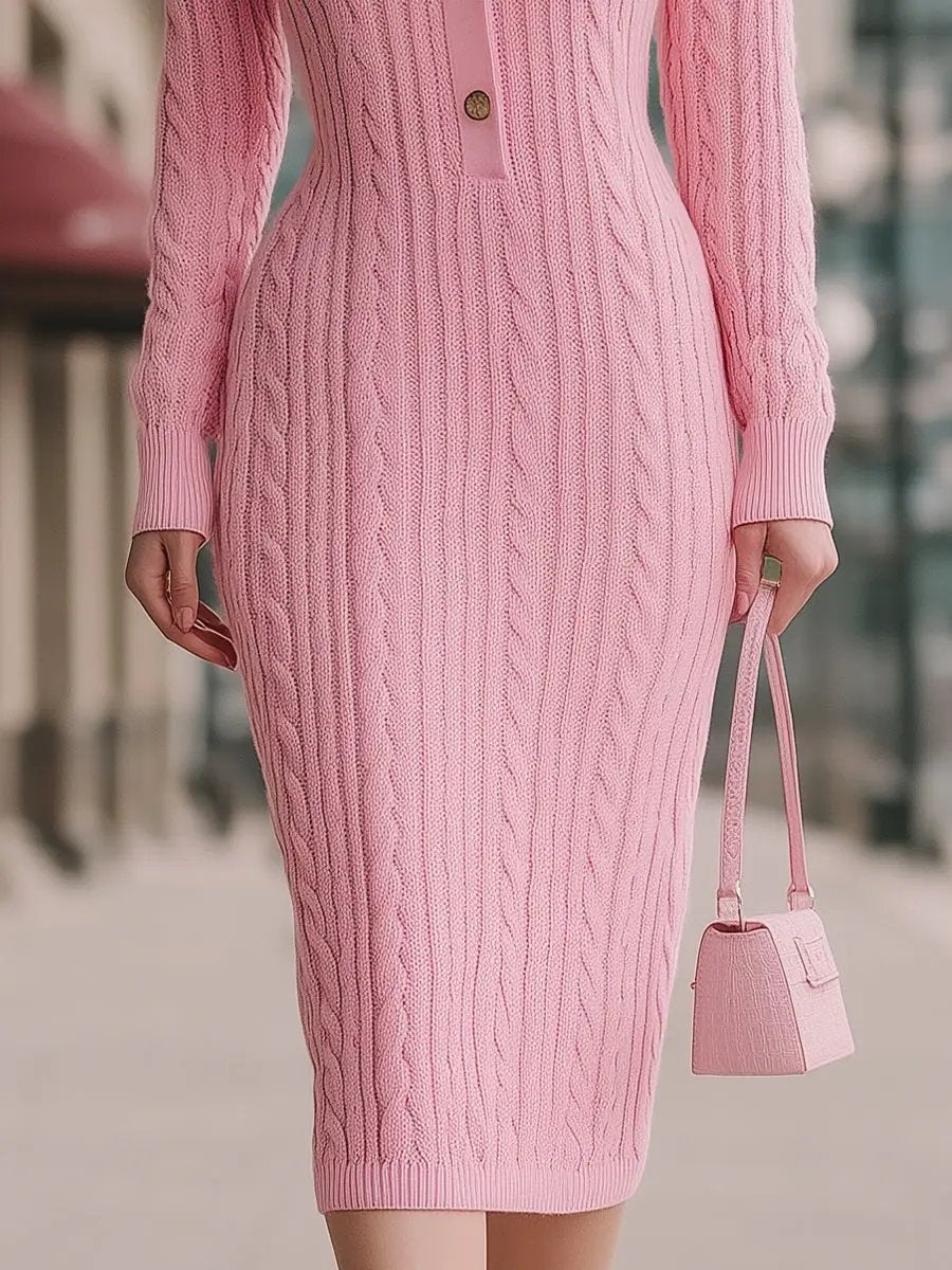 Sweet Pink Cable-Knit Polo Collar - Midi Dress CAAYWORLD