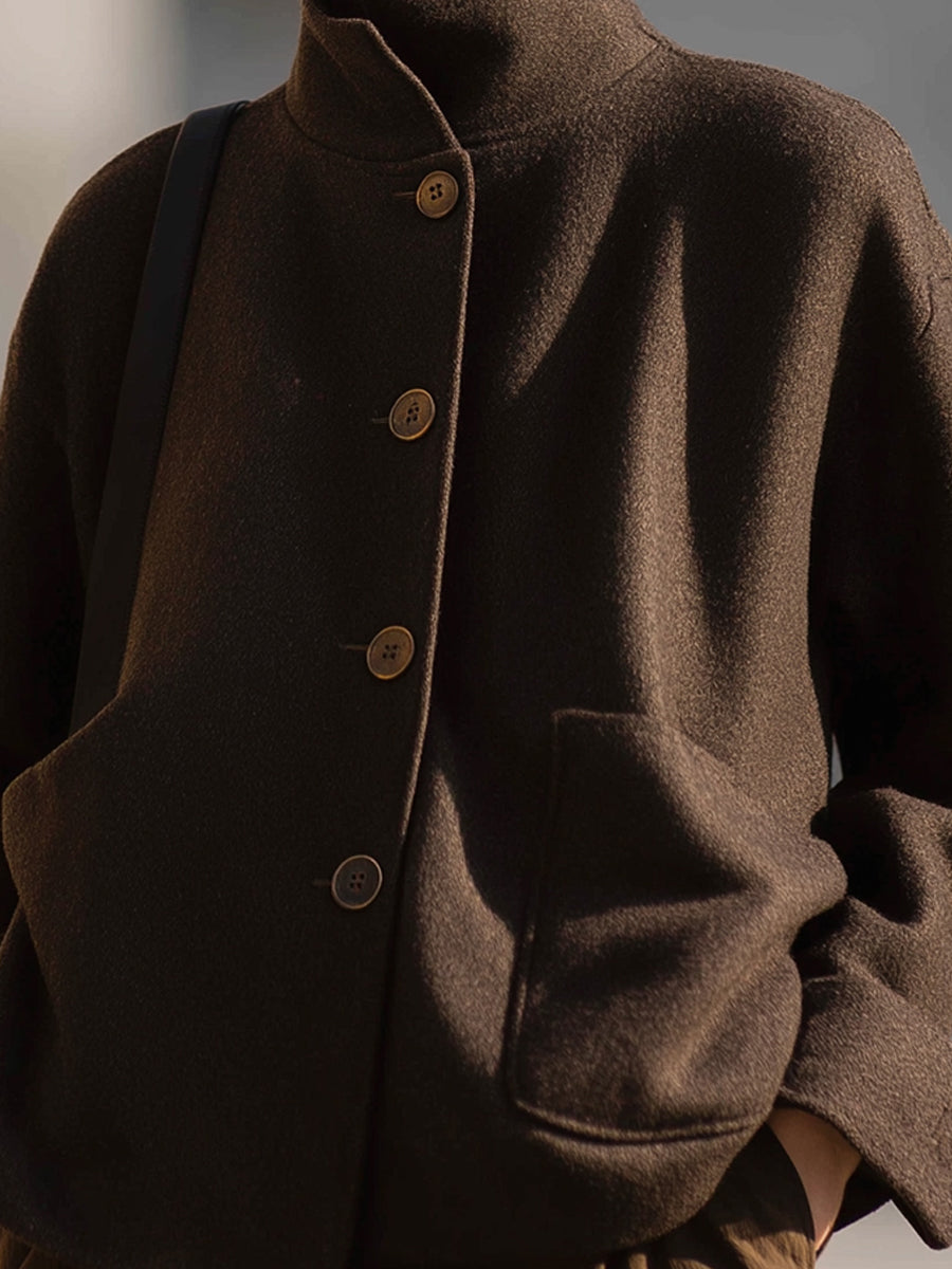 Minimalist Brown Wool Stand-Collar Jacket BXY