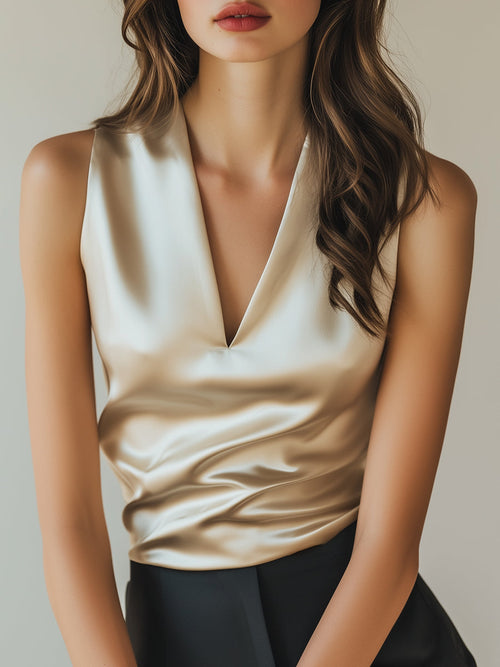 Ivory Satin Top with Elegant Drape Details ZJ