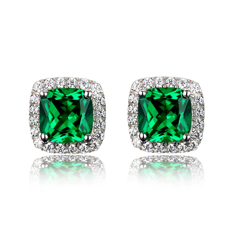 Retro Emeralds Cut Halo Stud Earrings in 18K Platinum Plated Sterling Silver shine of diamond