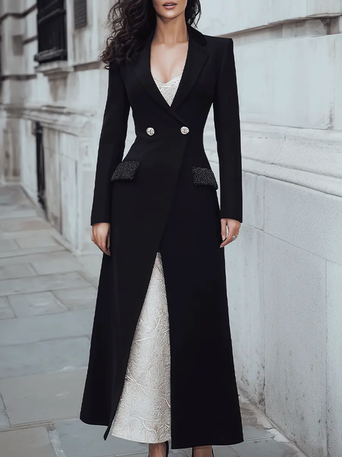 Tailored Black Longline Blazer Dress with Embellished Pockets & Contrast Underdress - Midi Dress CAAYWORLD