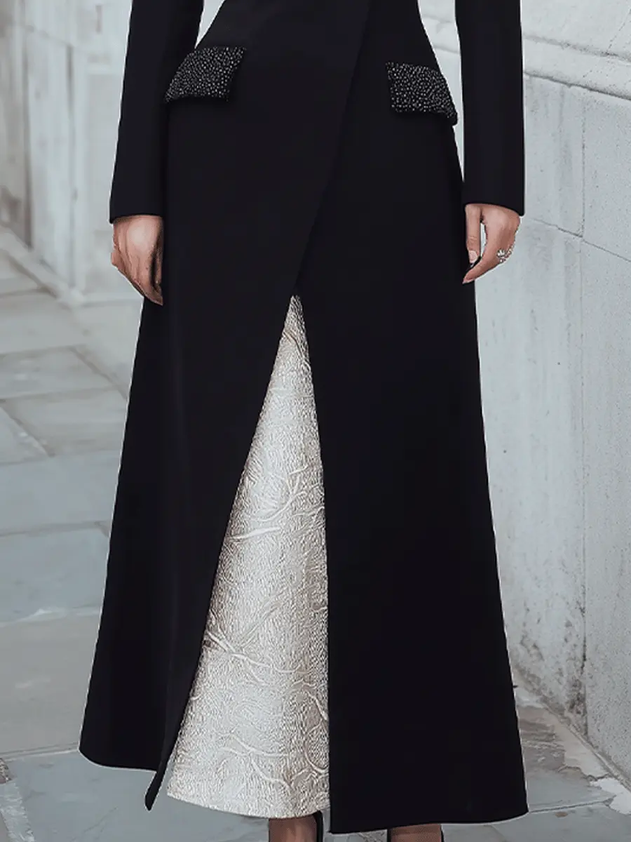 Tailored Black Longline Blazer Dress with Embellished Pockets & Contrast Underdress - Midi Dress CAAYWORLD