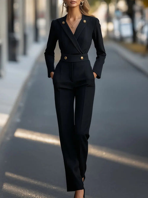 Tailored Gold-Button Detail, Waist-Defining - Jumpsuit CAAYWORLD