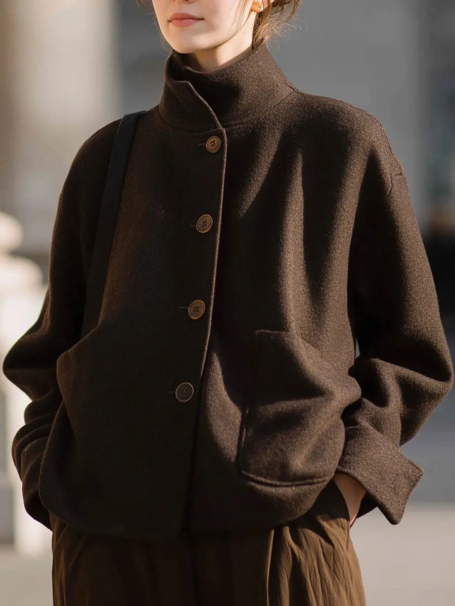 Tailored Minimalist Brown Wool Stand-Collar - Jacket CAAYWORLD