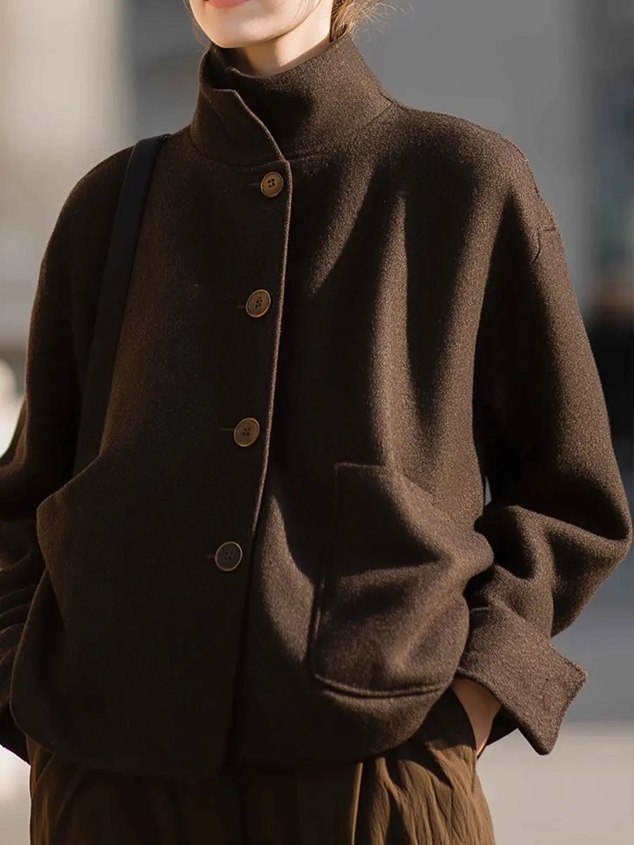 Tailored Minimalist Brown Wool Stand-Collar - Jacket CAAYWORLD