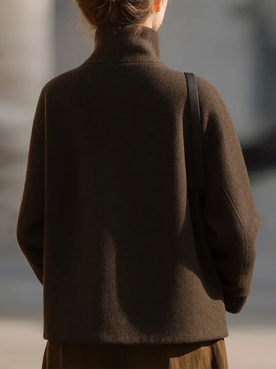 Tailored Minimalist Brown Wool Stand-Collar - Jacket CAAYWORLD