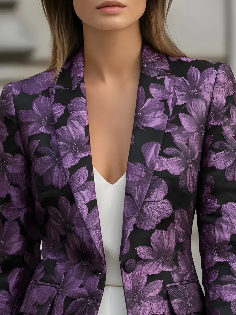 Tailored Purple Floral Jacquard Blazer - Blazer CAAYWORLD