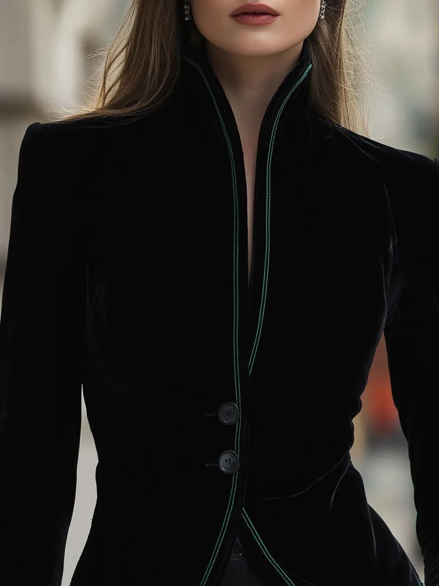 Tailored Velvet Blazer With Contrast Trim - Blazer CAAYWORLD