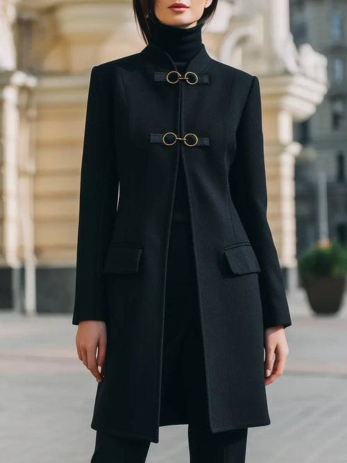 Tailored Wool-Blend Coat With Gold-Clasp Accents - Mid-Length Coat CAAYWORLD