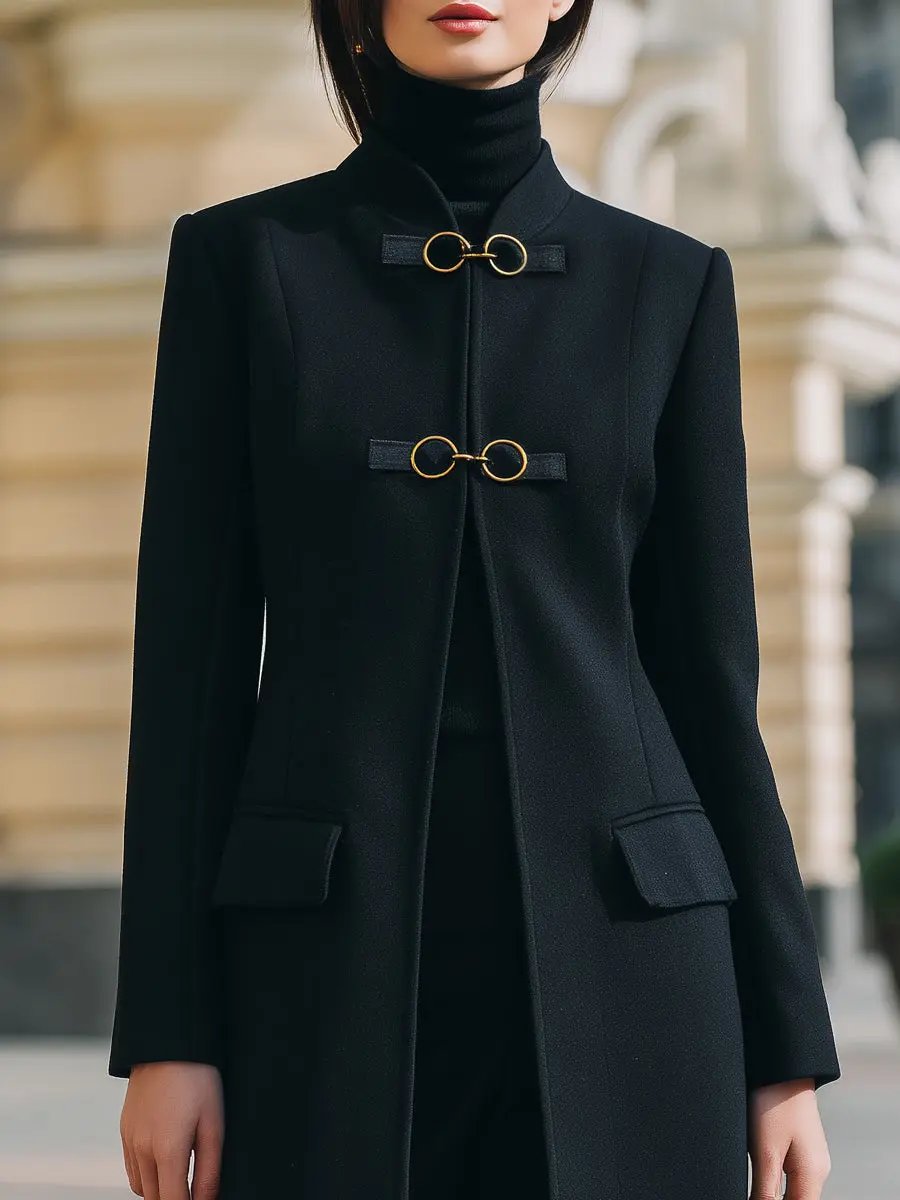 Tailored Wool-Blend Coat With Gold-Clasp Accents - Mid-Length Coat CAAYWORLD