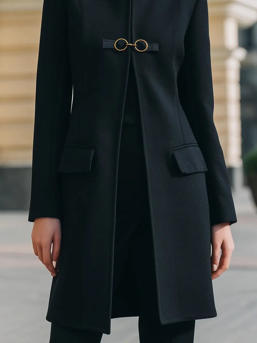 Tailored Wool-Blend Coat With Gold-Clasp Accents - Mid-Length Coat CAAYWORLD