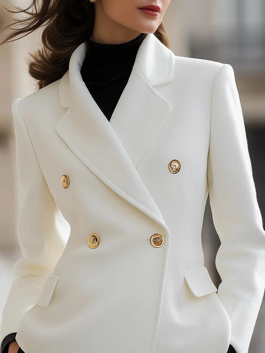 Tailored Wool-Blend Double-Breasted Gold-Button Blazer - Blazer CAAYWORLD