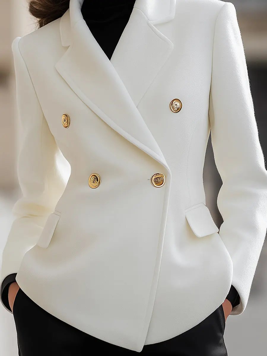 Tailored Wool-Blend Double-Breasted Gold-Button Blazer - Blazer CAAYWORLD