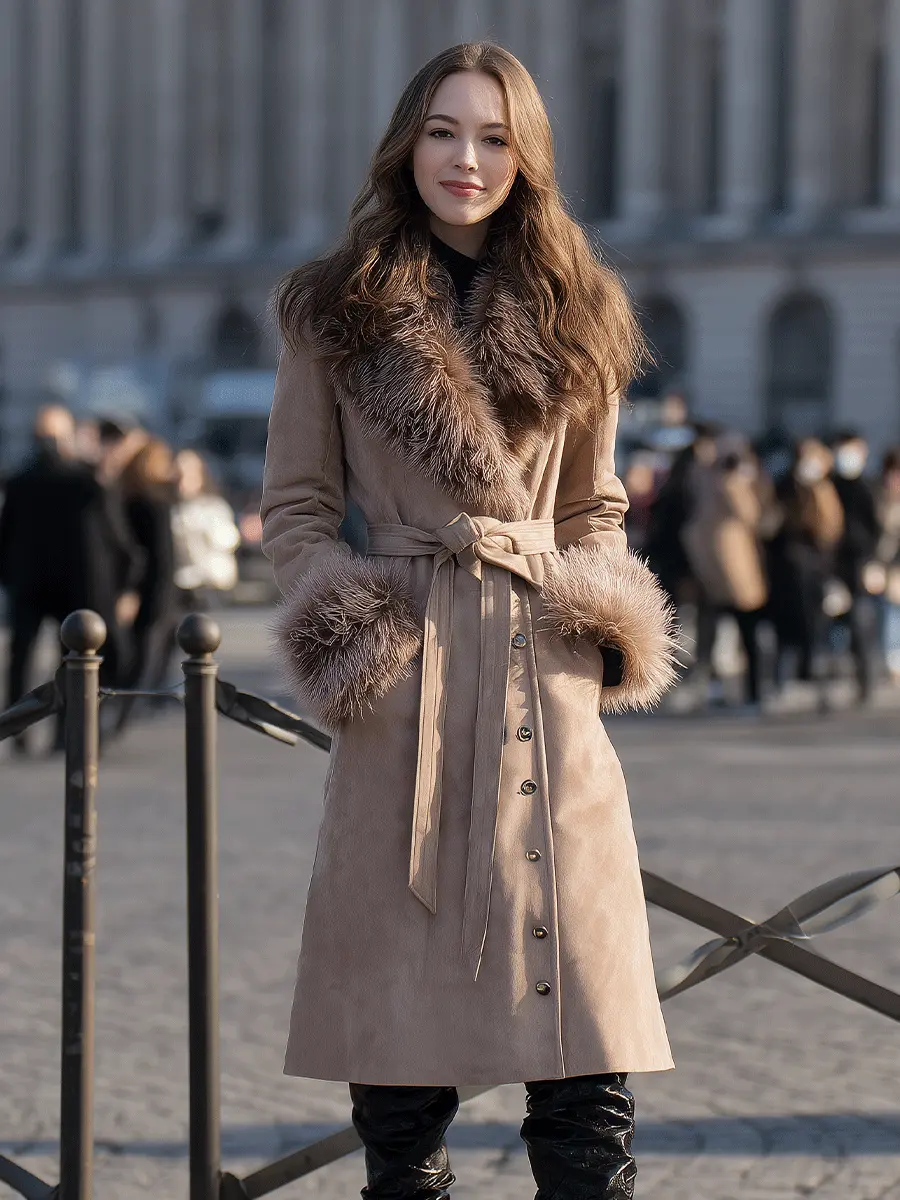 Taupe Belted with Faux-Fur Trim Collar & Cuffs - Coat CAAYWORLD