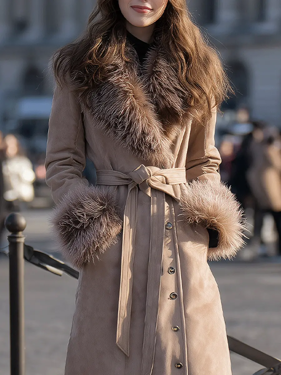 Taupe Belted with Faux-Fur Trim Collar & Cuffs - Coat CAAYWORLD