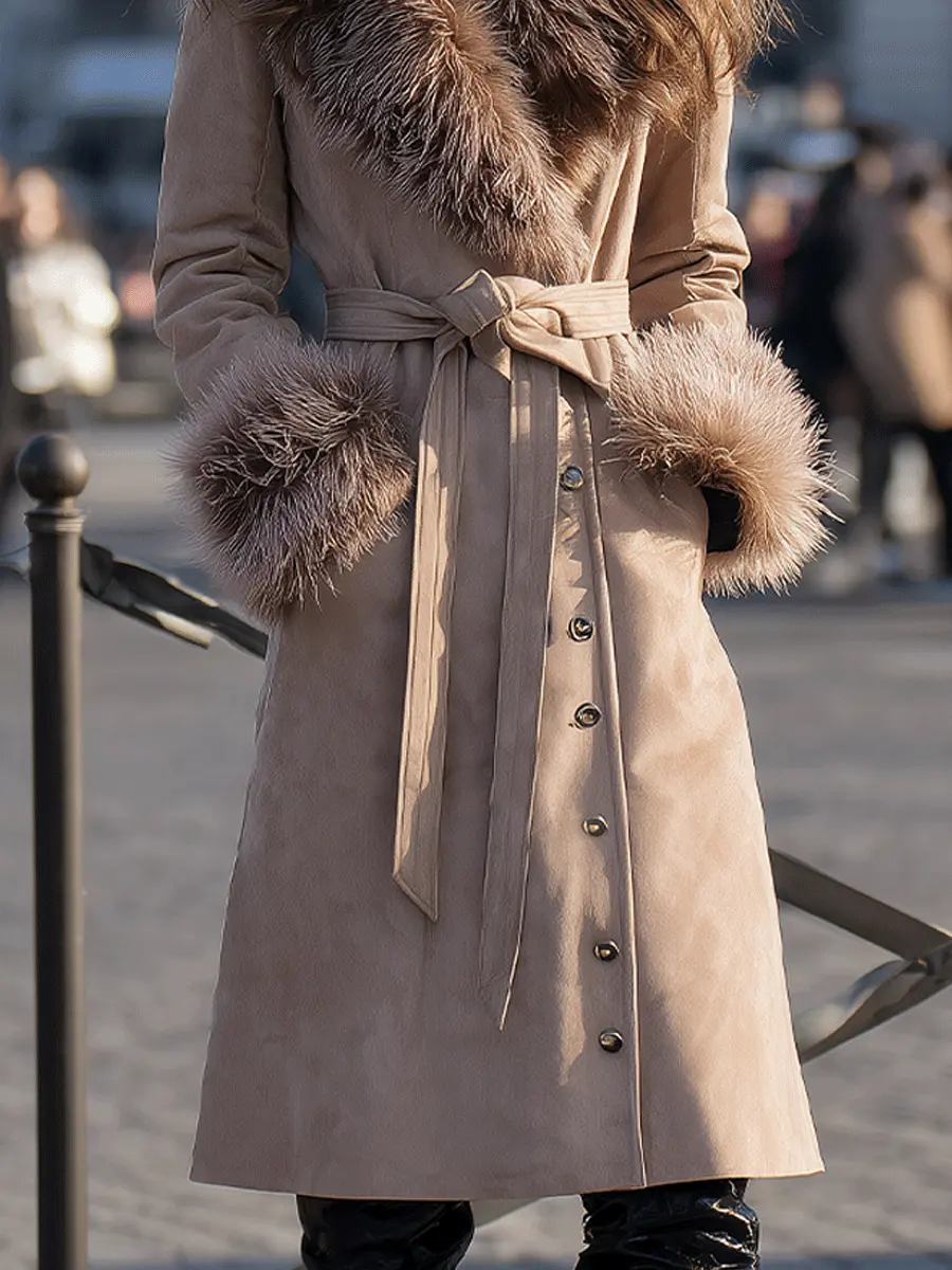 Taupe Belted with Faux-Fur Trim Collar & Cuffs - Coat CAAYWORLD