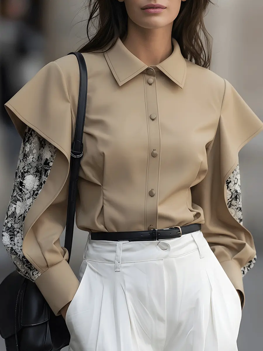 Taupe Button-Down With Draped Overlay Sleeves and Floral Contrast - Blouse CAAYWORLD