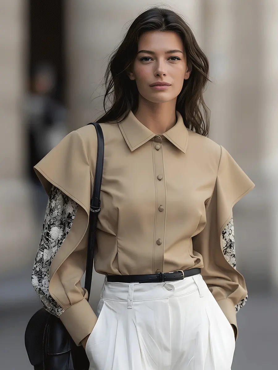 Taupe Button-Down With Draped Overlay Sleeves and Floral Contrast - Blouse CAAYWORLD