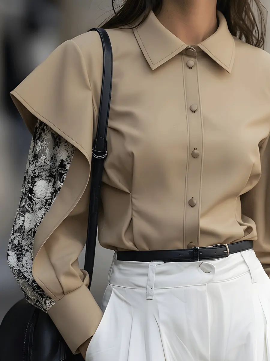 Taupe Button-Down With Draped Overlay Sleeves and Floral Contrast - Blouse CAAYWORLD