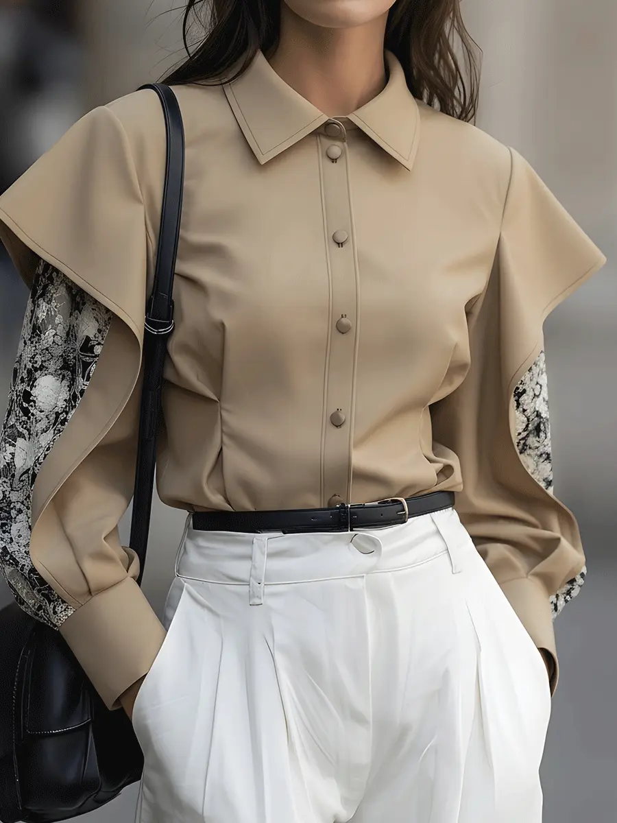 Taupe Button-Down With Draped Overlay Sleeves and Floral Contrast - Blouse CAAYWORLD