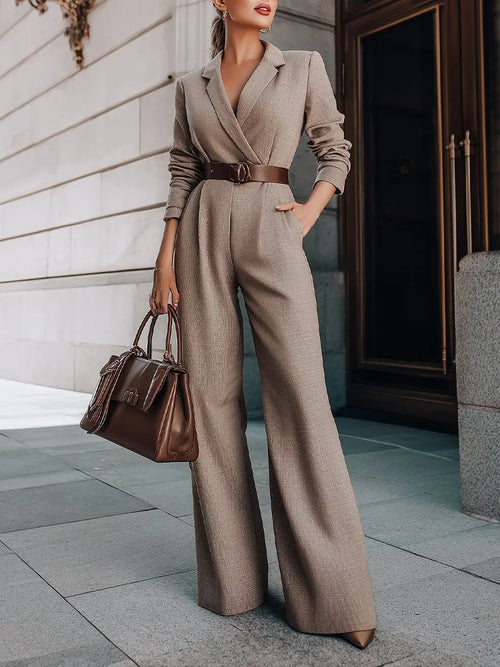 Taupe Tailored Blazer-Style Belted Wide-Leg - Jumpsuit CAAYWORLD
