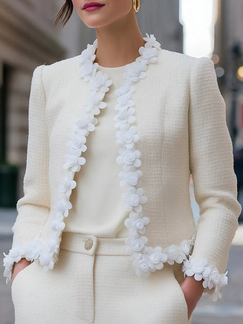 Tweed Jacket With 3D Floral Appliqué Trim - Jacket CAAYWORLD
