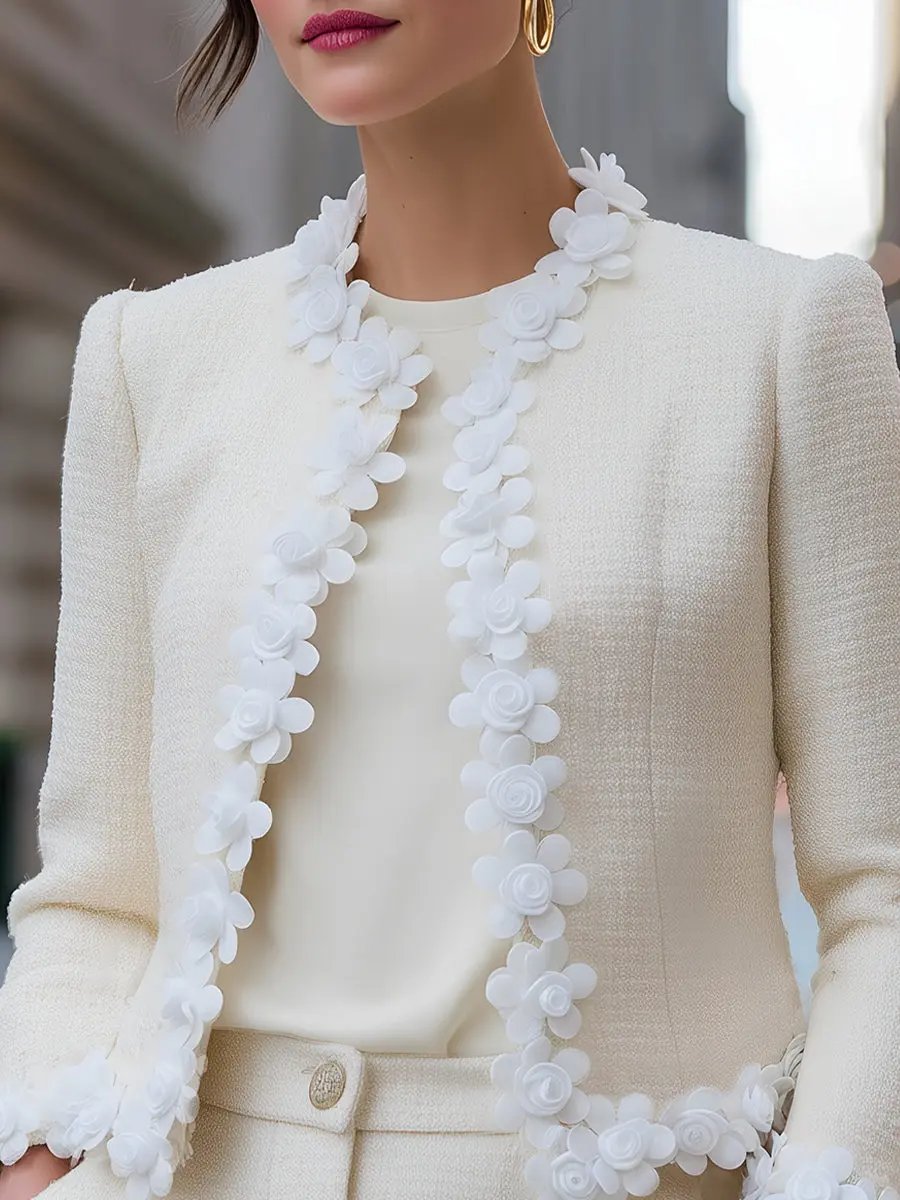 Tweed Jacket With 3D Floral Appliqué Trim - Jacket CAAYWORLD