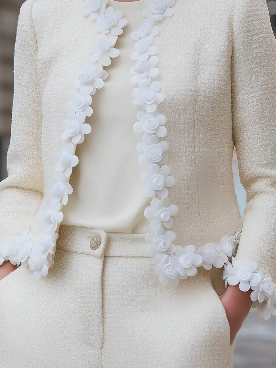 Tweed Jacket With 3D Floral Appliqué Trim - Jacket CAAYWORLD