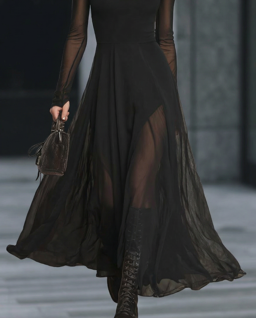 Sheer-Sleeve High-Neck A-Line Midi Dress