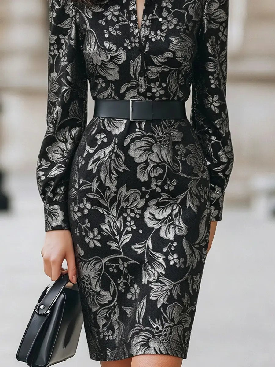 Velvet Floral Jacquard with Belted Waist - Midi Dress CAAYWORLD