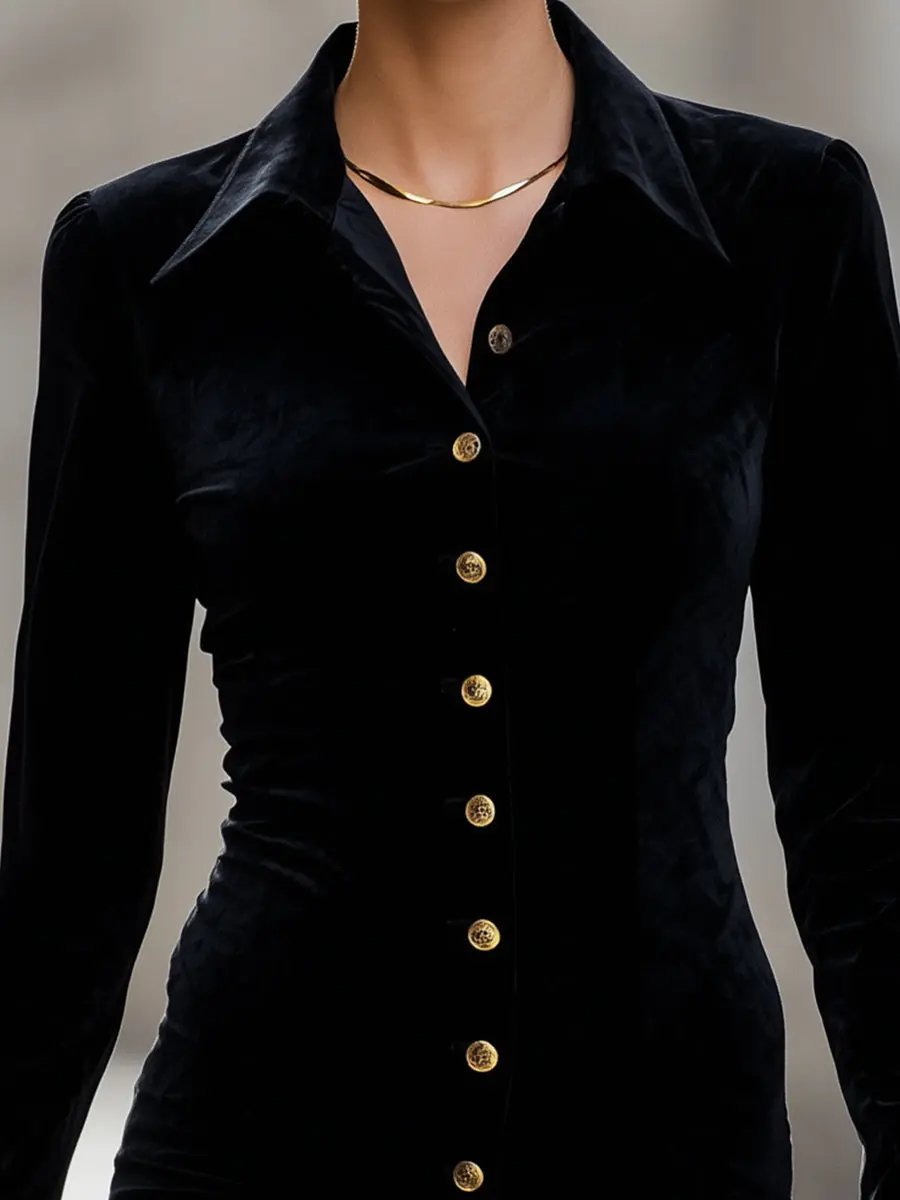 Velvet Gold-Button Detail - Shirt Dress CAAYWORLD