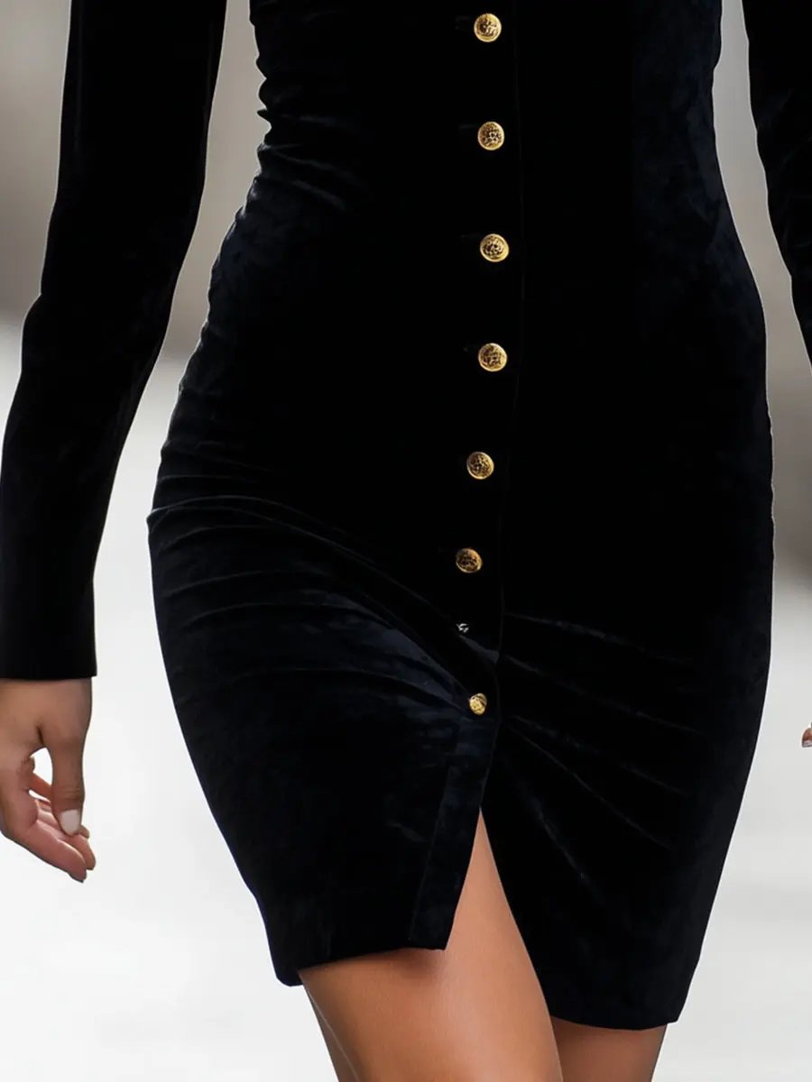 Velvet Gold-Button Detail - Shirt Dress CAAYWORLD