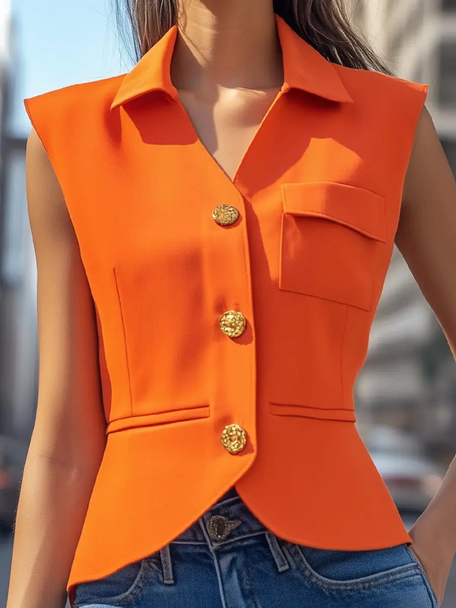 Vibrant Orange Tailored Sleeveless Blazer - Blazer Top CAAYWORLD