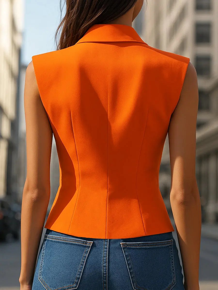 Vibrant Orange Tailored Sleeveless Blazer - Blazer Top CAAYWORLD