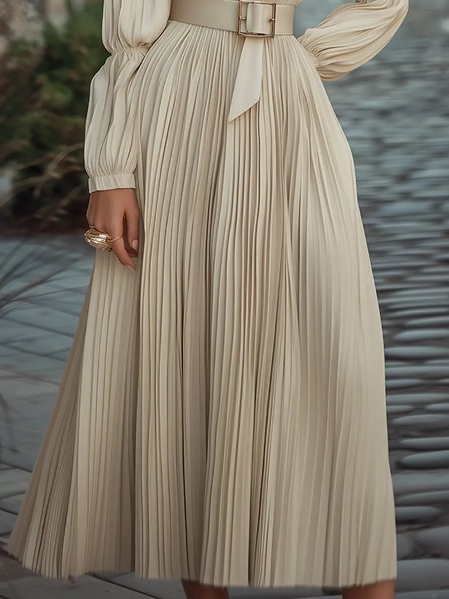 Vintage Ivory Pleated Belted Waist - Midi Dress CAAYWORLD