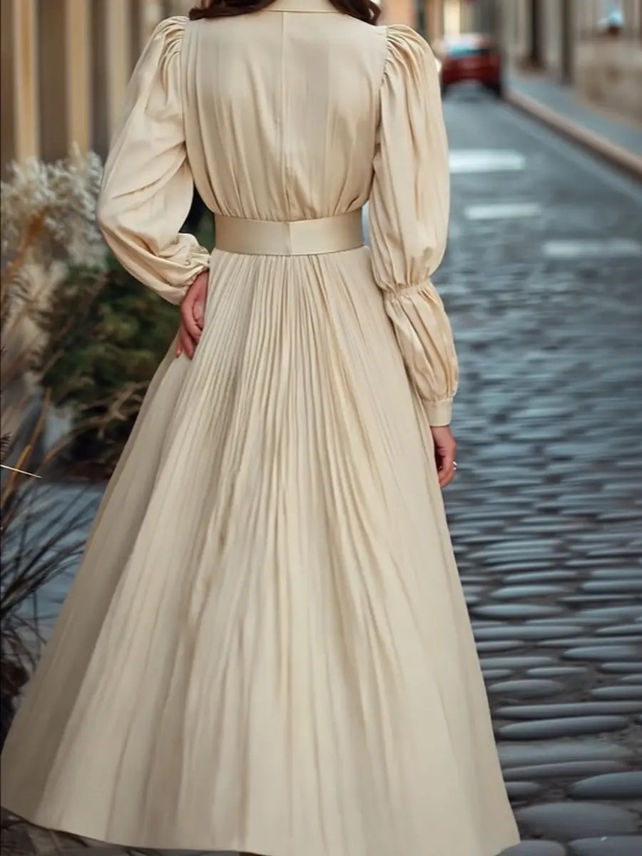 Vintage Ivory Pleated Belted Waist - Midi Dress CAAYWORLD