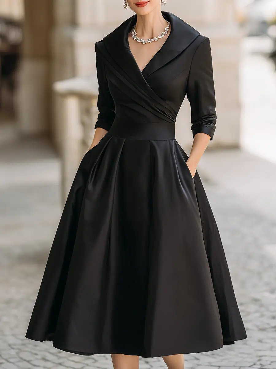 Vintage Satin Draped Collar Elegant Silhouette - Midi Dress CAAYWORLD