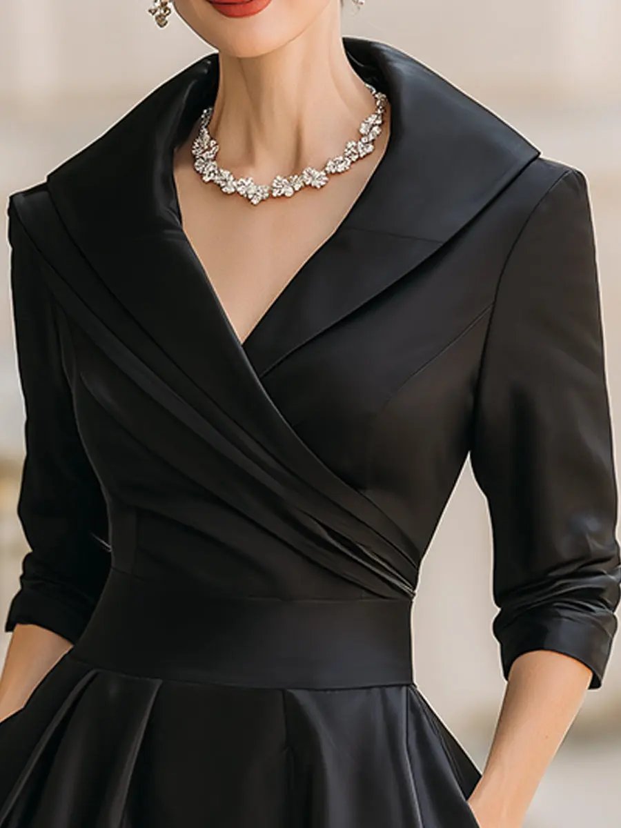 Vintage Satin Draped Collar Elegant Silhouette - Midi Dress CAAYWORLD