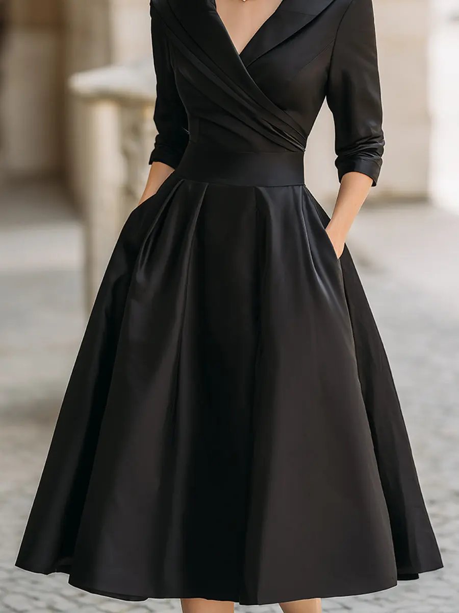 Vintage Satin Draped Collar Elegant Silhouette - Midi Dress CAAYWORLD