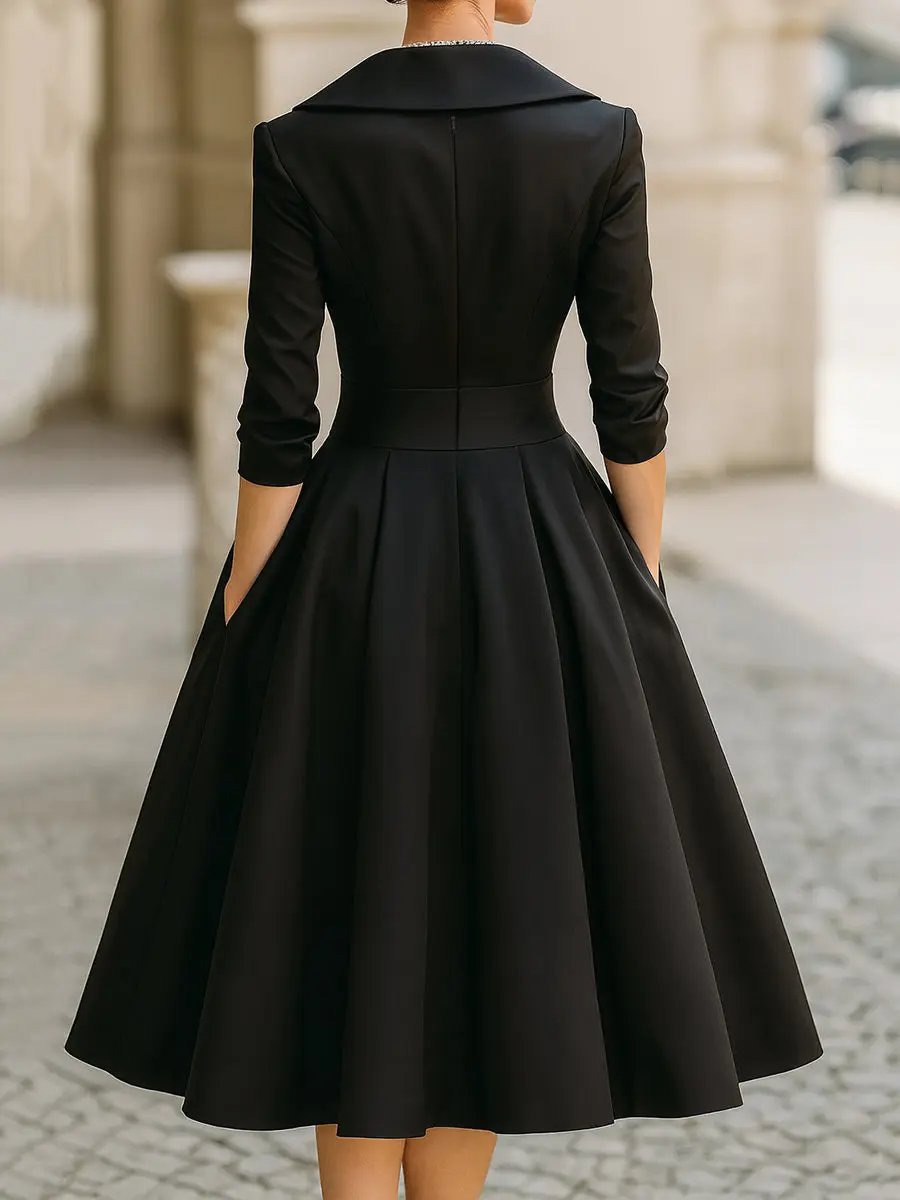 Vintage Satin Draped Collar Elegant Silhouette - Midi Dress CAAYWORLD